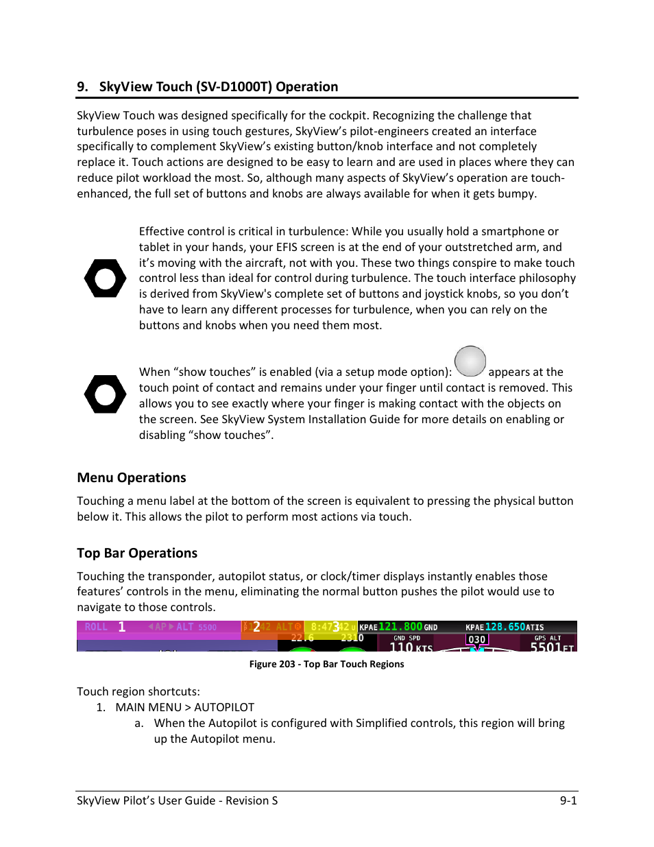 Skyview touch (sv-d1000t) operation, Menu operations -1, Top bar operations -1 | Dynon Avionics SkyView Pilots Users Guide User Manual | Page 195 / 239