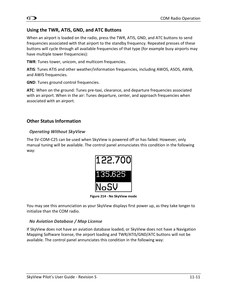 Using the twr, atis, gnd, and atc buttons -11, Other status information -11 | Dynon Avionics SkyView Pilots Users Guide User Manual | Page 213 / 239
