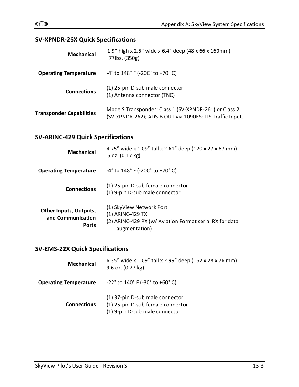 Sv-xpndr-26x quick specifications -3, Sv-arinc-429 quick specifications -3, Sv-ems-22x quick specifications -3 | Dynon Avionics SkyView Pilots Users Guide User Manual | Page 231 / 239