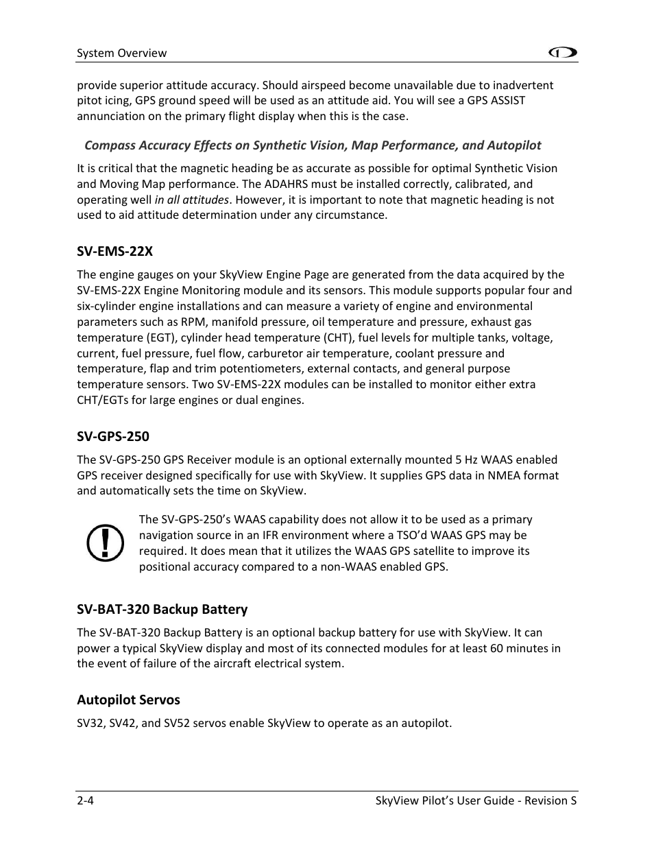 Sv-ems-22x -4, Sv-gps-250 -4, Sv-bat-320 backup battery -4 | Autopilot servos -4 | Dynon Avionics SkyView Pilots Users Guide User Manual | Page 24 / 239