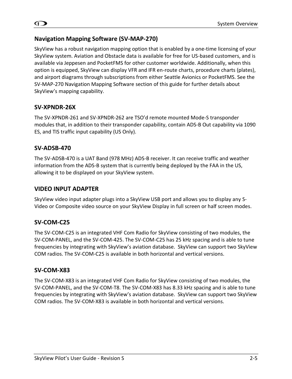 Navigation mapping software (sv-map-270) -5, Sv-xpndr-26x -5, Sv-adsb-470 -5 | Video input adapter -5, Sv-com-c25 -5, Sv-com-x83 -5 | Dynon Avionics SkyView Pilots Users Guide User Manual | Page 25 / 239