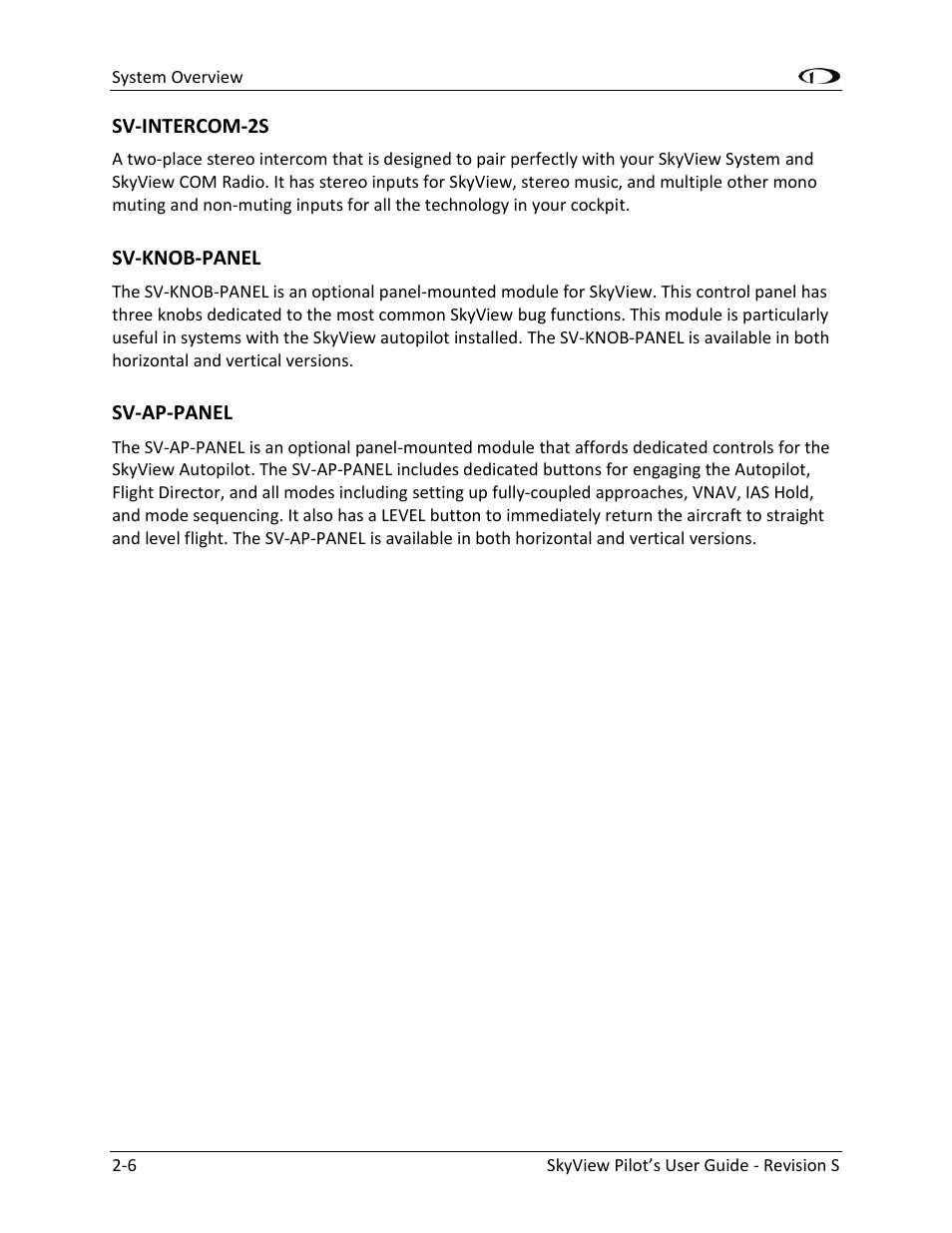 Sv-intercom-2s -6, Sv-knob-panel -6, Sv-ap-panel -6 | Dynon Avionics SkyView Pilots Users Guide User Manual | Page 26 / 239