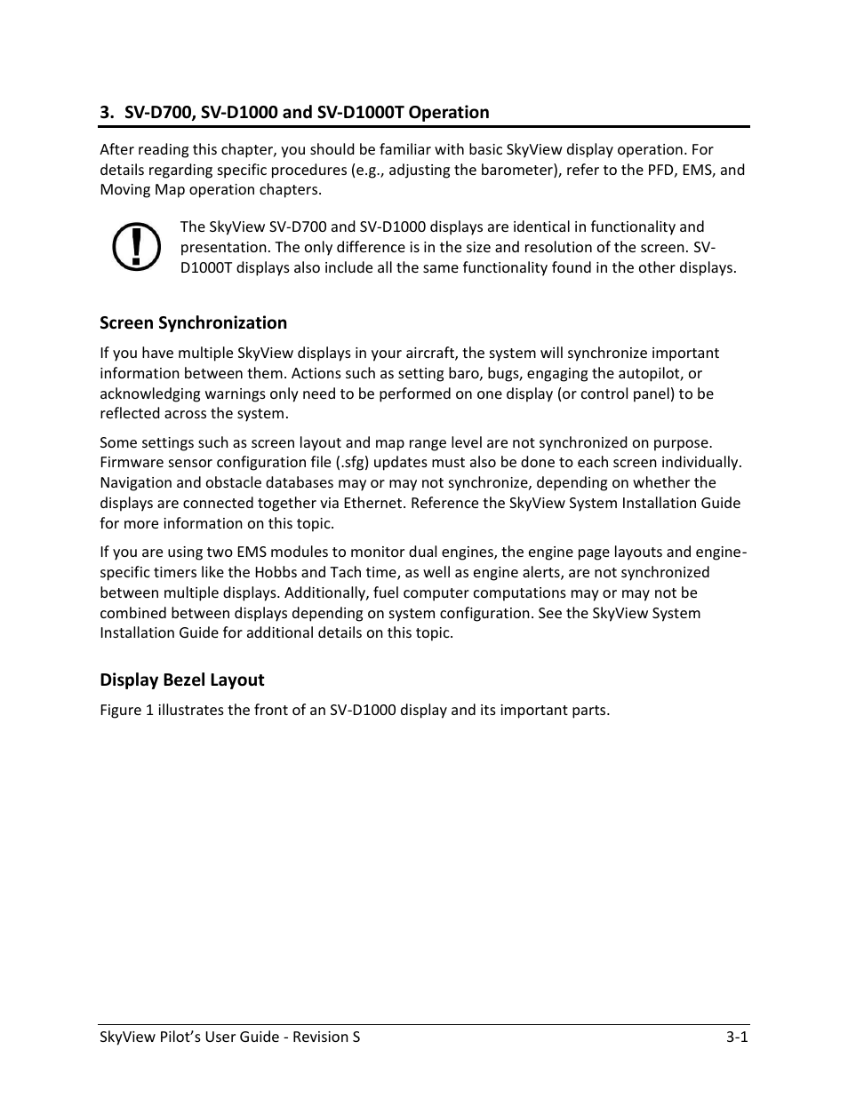 Sv-d700, sv-d1000 and sv-d1000t operation, Screen synchronization -1, Display bezel layout -1 | Dynon Avionics SkyView Pilots Users Guide User Manual | Page 27 / 239