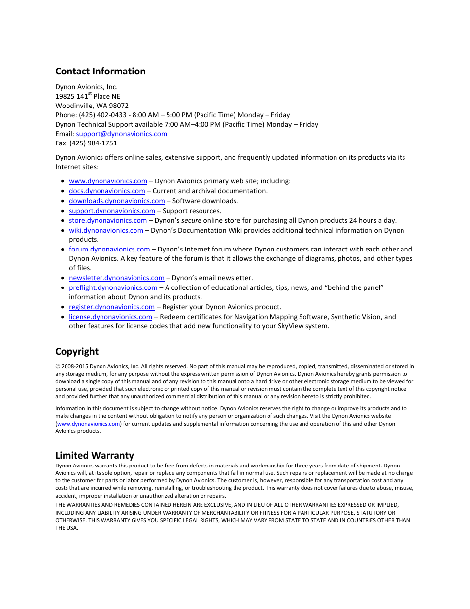 Contact information, Copyright, Limited warranty | Dynon Avionics SkyView Pilots Users Guide User Manual | Page 3 / 239