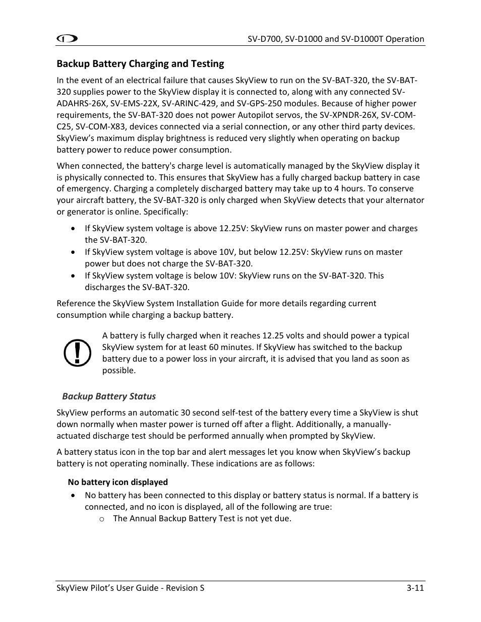 Backup battery charging and testing -11 | Dynon Avionics SkyView Pilots Users Guide User Manual | Page 37 / 239
