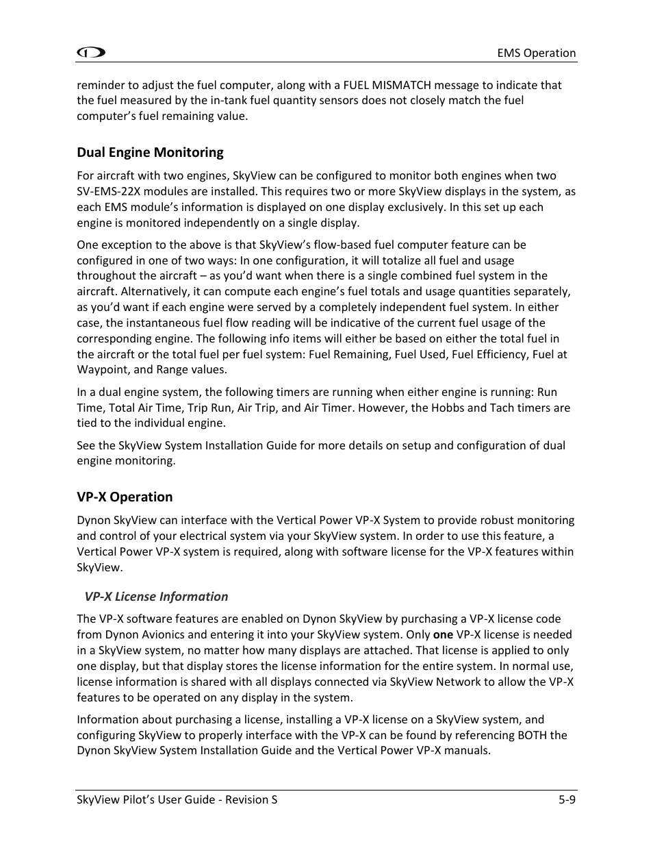 Dual engine monitoring -9, Vp-x operation -9 | Dynon Avionics SkyView Pilots Users Guide User Manual | Page 79 / 239