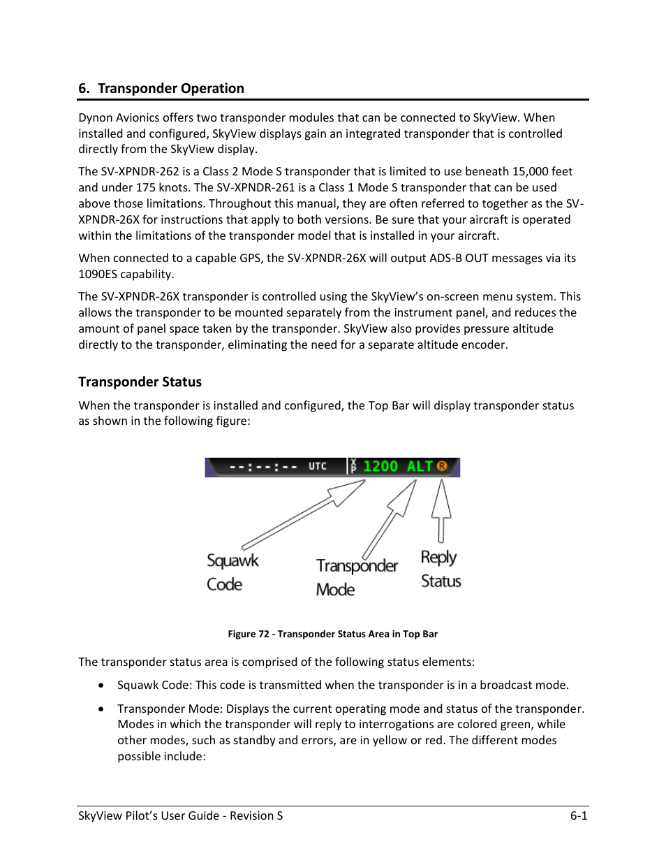 Transponder operation, Transponder status -1 | Dynon Avionics SkyView Pilots Users Guide User Manual | Page 85 / 239