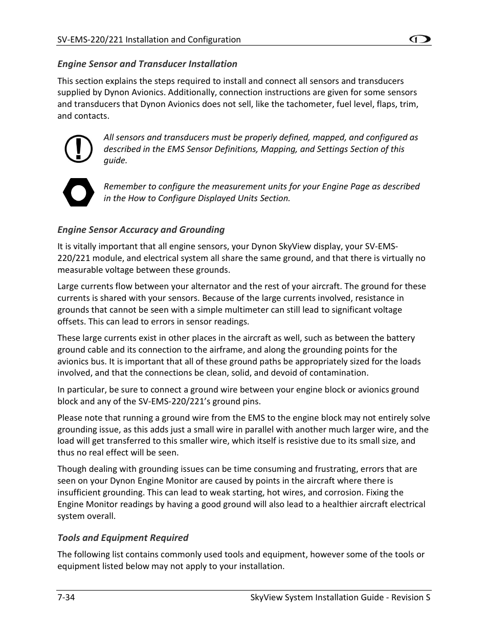 Engine sensor and transducer installation -34, Engine sensor accuracy and grounding -34, Tools and equipment required -34 | Dynon Avionics SkyView System Installation Guide User Manual | Page 146 / 401