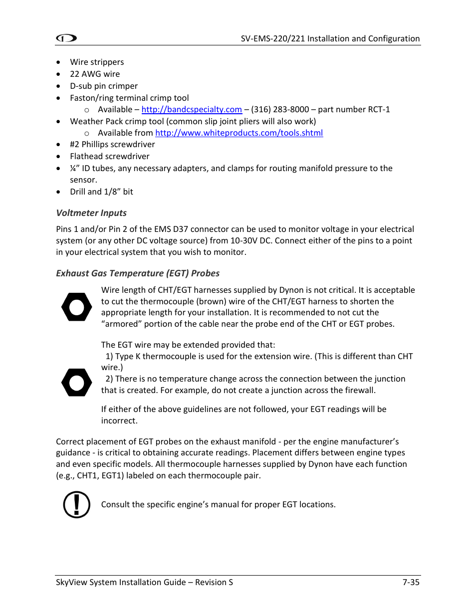 Voltmeter inputs -35, Exhaust gas temperature (egt) probes -35 | Dynon Avionics SkyView System Installation Guide User Manual | Page 147 / 401