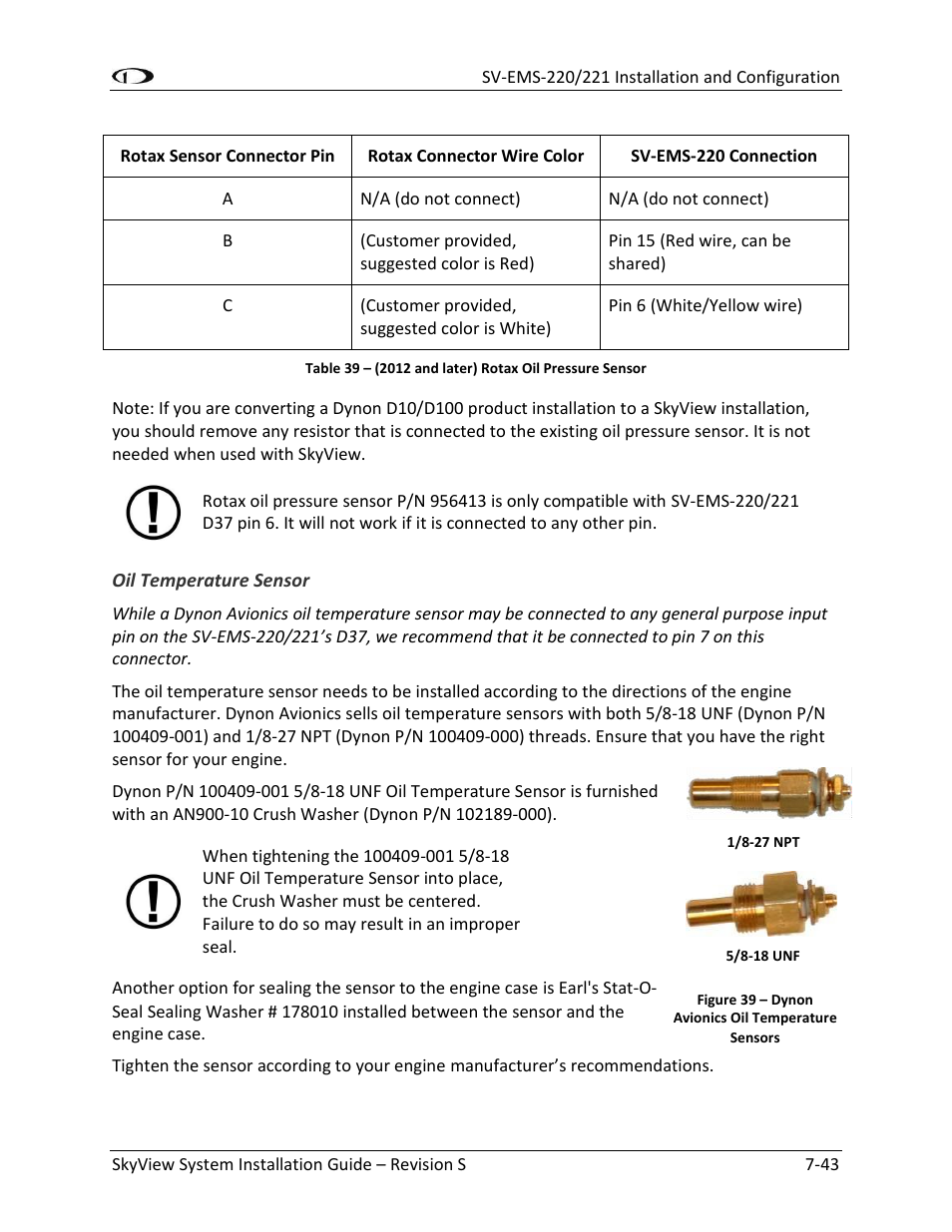 Oil temperature sensor -43 | Dynon Avionics SkyView System Installation Guide User Manual | Page 155 / 401