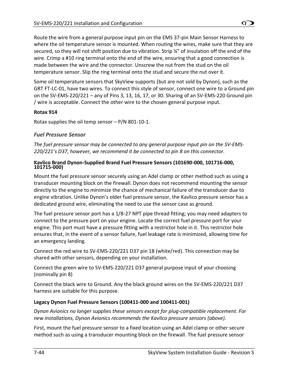 Fuel pressure sensor -44 | Dynon Avionics SkyView System Installation Guide User Manual | Page 156 / 401