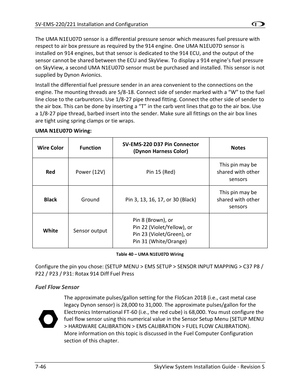 Fuel flow sensor -46 | Dynon Avionics SkyView System Installation Guide User Manual | Page 158 / 401