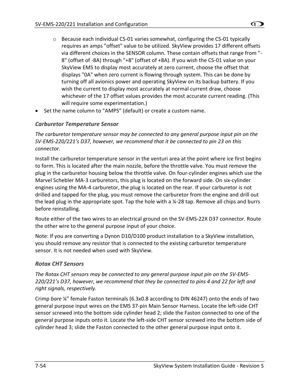 Carburetor temperature sensor -54, Rotax cht sensors -54 | Dynon Avionics SkyView System Installation Guide User Manual | Page 166 / 401