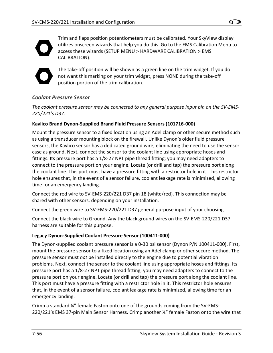 Coolant pressure sensor -56 | Dynon Avionics SkyView System Installation Guide User Manual | Page 168 / 401