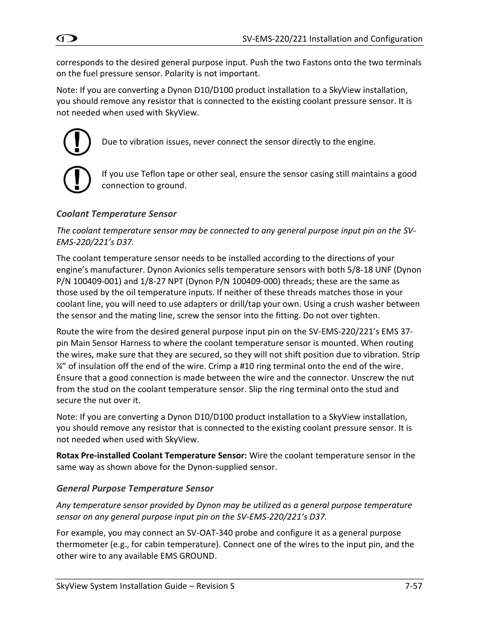 Coolant temperature sensor -57, General purpose temperature sensor -57 | Dynon Avionics SkyView System Installation Guide User Manual | Page 169 / 401