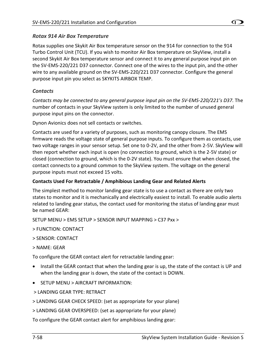 Rotax 914 air box temperature -58, Contacts -58 | Dynon Avionics SkyView System Installation Guide User Manual | Page 170 / 401