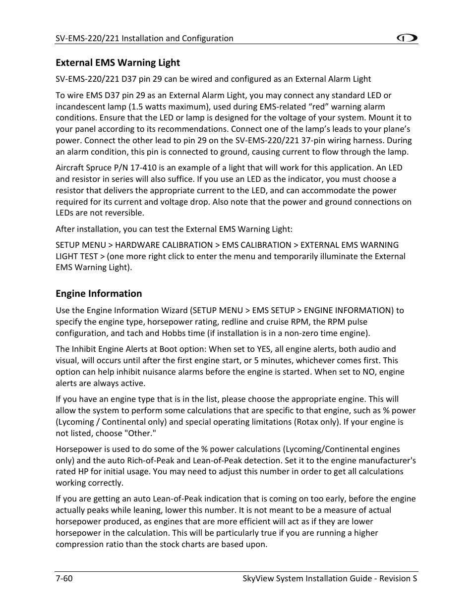 External ems warning light -60, Engine information -60 | Dynon Avionics SkyView System Installation Guide User Manual | Page 172 / 401