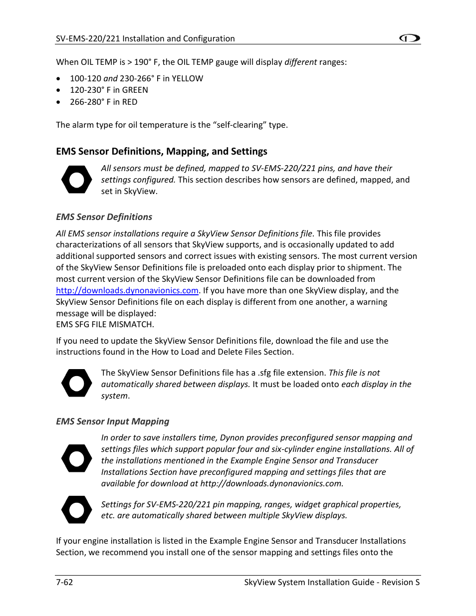 Ems sensor definitions, mapping, and settings -62, Ems sensor definitions -62, Ems sensor input mapping -62 | Ems sensor input mapping, E ems sensor definitions, mapping, and settings, Ems sensor definitions, mapping, and settings | Dynon Avionics SkyView System Installation Guide User Manual | Page 174 / 401
