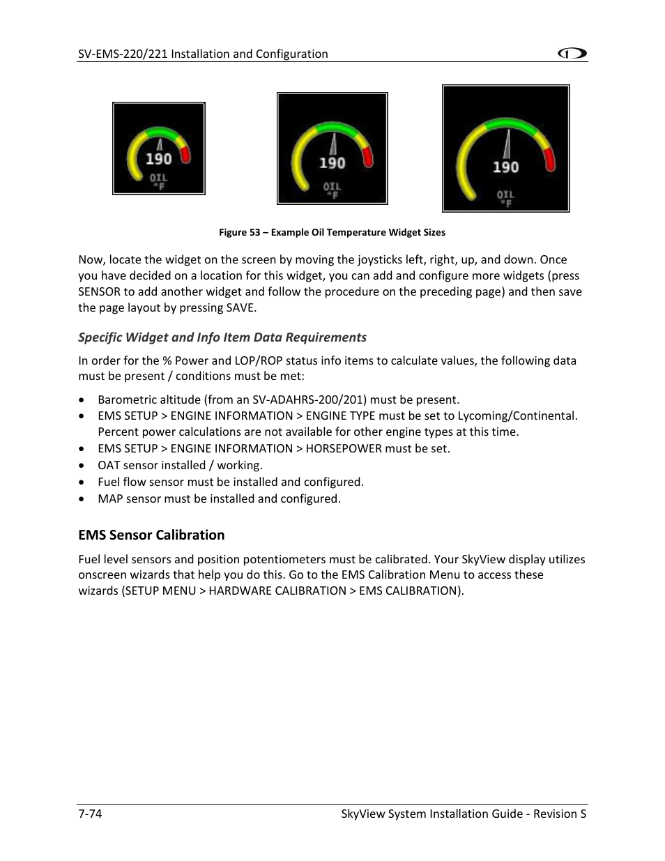 Ems sensor calibration -74 | Dynon Avionics SkyView System Installation Guide User Manual | Page 186 / 401