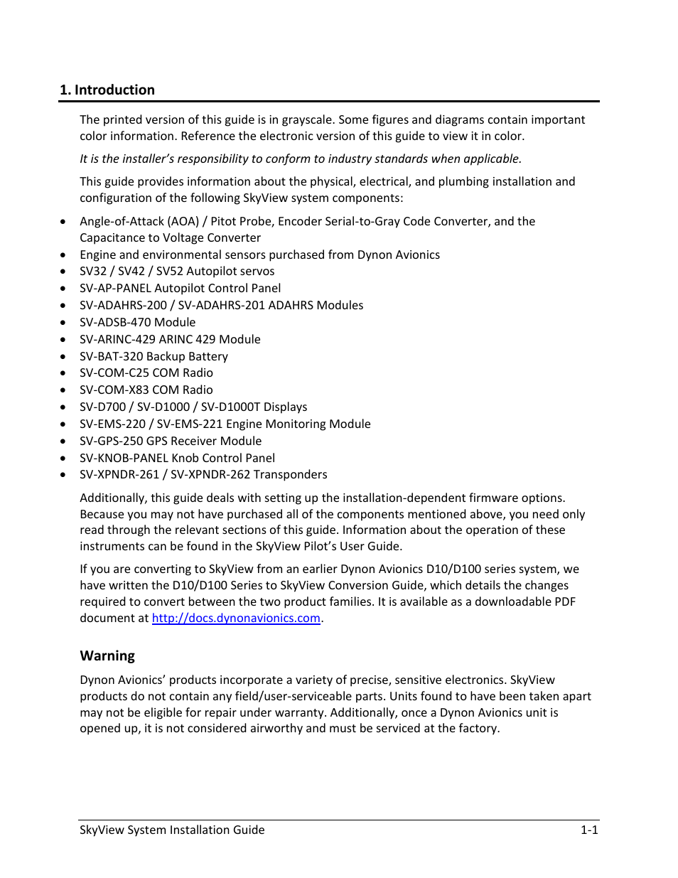 Introduction, Warning -1 | Dynon Avionics SkyView System Installation Guide User Manual | Page 19 / 401