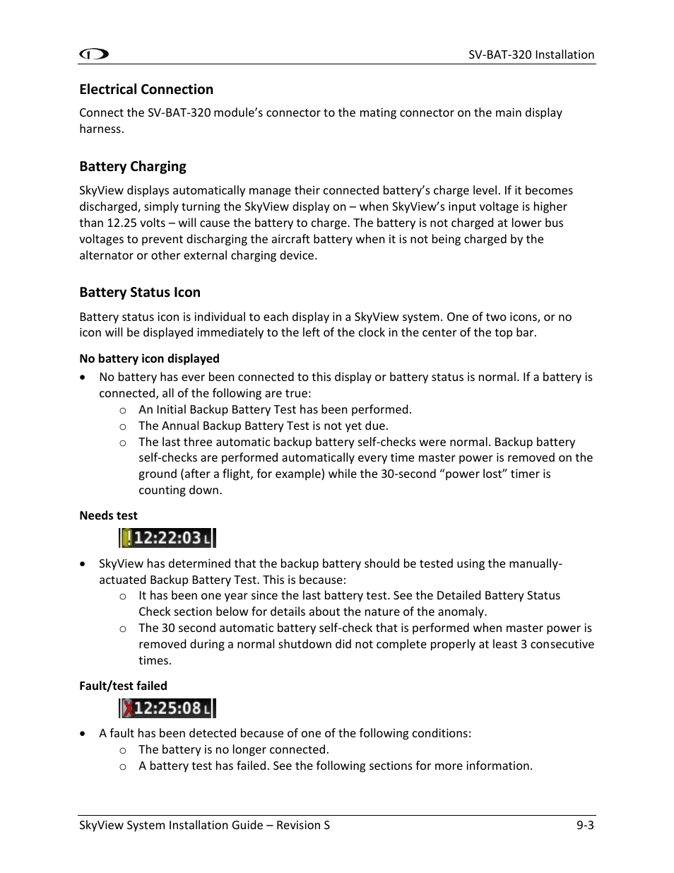 Electrical connection -3, Battery charging -3, Battery status icon -3 | Dynon Avionics SkyView System Installation Guide User Manual | Page 193 / 401