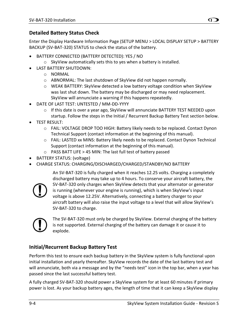 Detailed battery status check -4, Initial/recurrent backup battery test -4 | Dynon Avionics SkyView System Installation Guide User Manual | Page 194 / 401