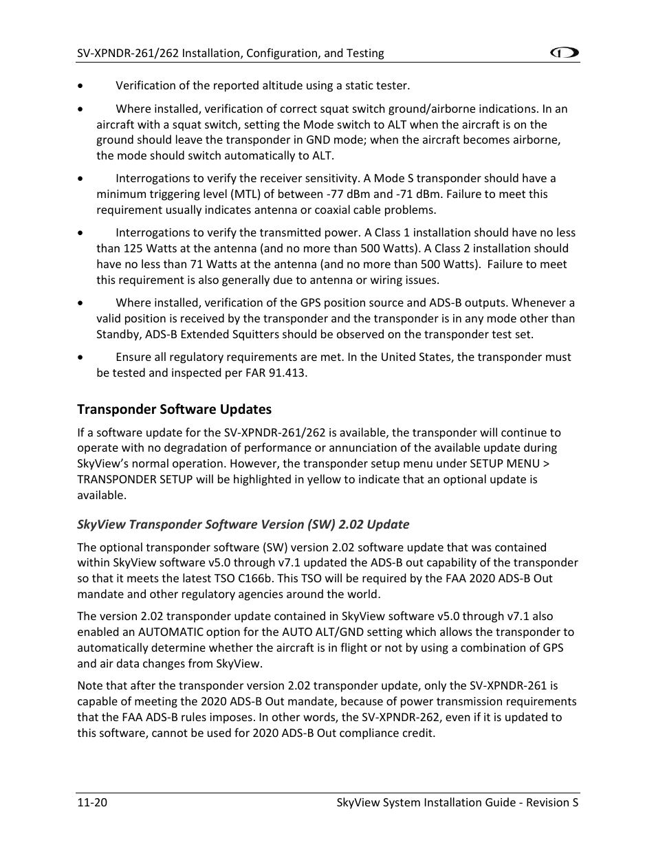 Transponder software updates -20 | Dynon Avionics SkyView System Installation Guide User Manual | Page 240 / 401