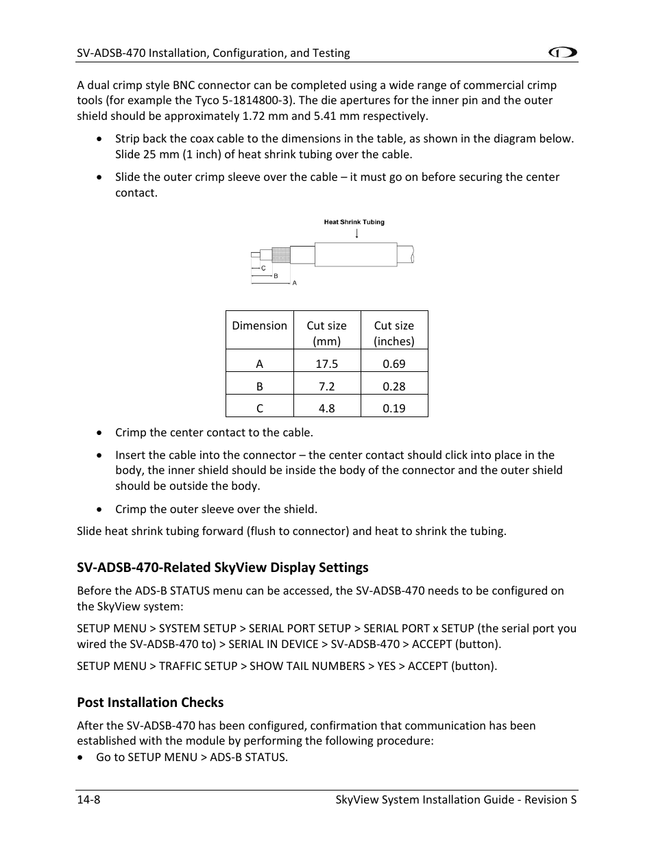Sv-adsb-470-related skyview display settings -8, Post installation checks -8 | Dynon Avionics SkyView System Installation Guide User Manual | Page 268 / 401