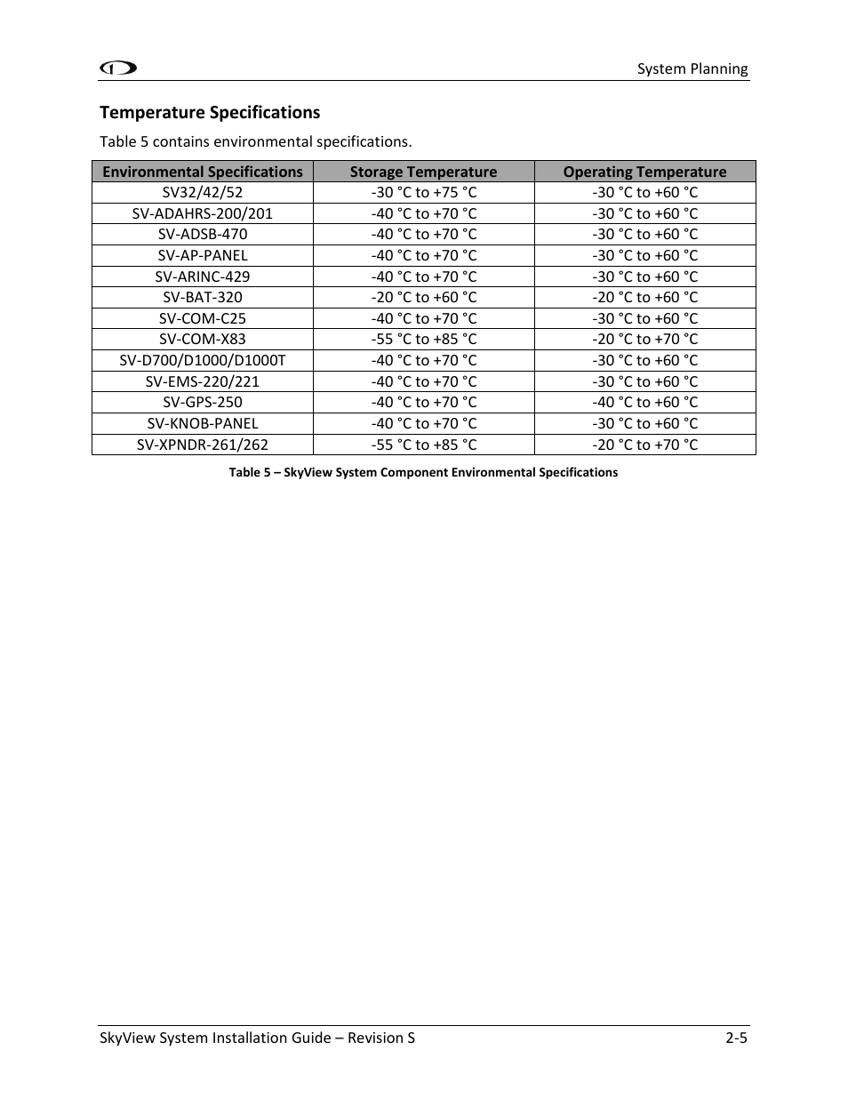 Temperature specifications -5 | Dynon Avionics SkyView System Installation Guide User Manual | Page 27 / 401