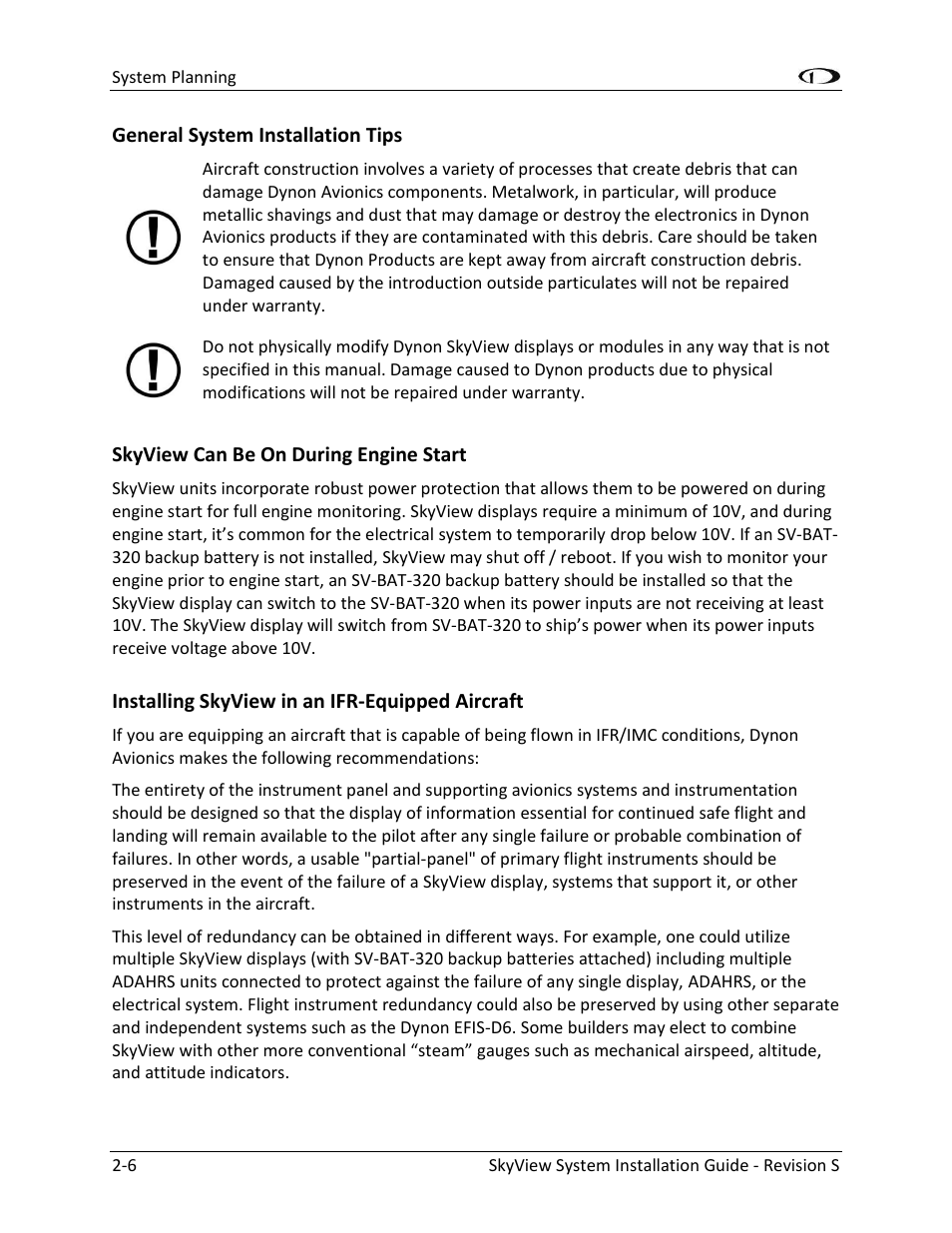 General system installation tips -6, Skyview can be on during engine start -6, Installing skyview in an ifr-equipped aircraft -6 | Dynon Avionics SkyView System Installation Guide User Manual | Page 28 / 401