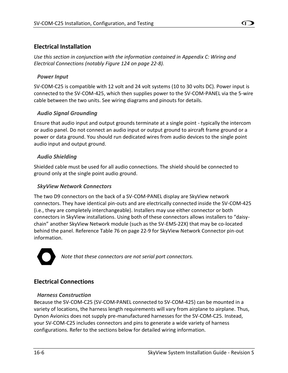 Electrical installation -6, Power input -6, Audio signal grounding -6 | Audio shielding -6, Skyview network connectors -6, Electrical connections -6 | Dynon Avionics SkyView System Installation Guide User Manual | Page 288 / 401