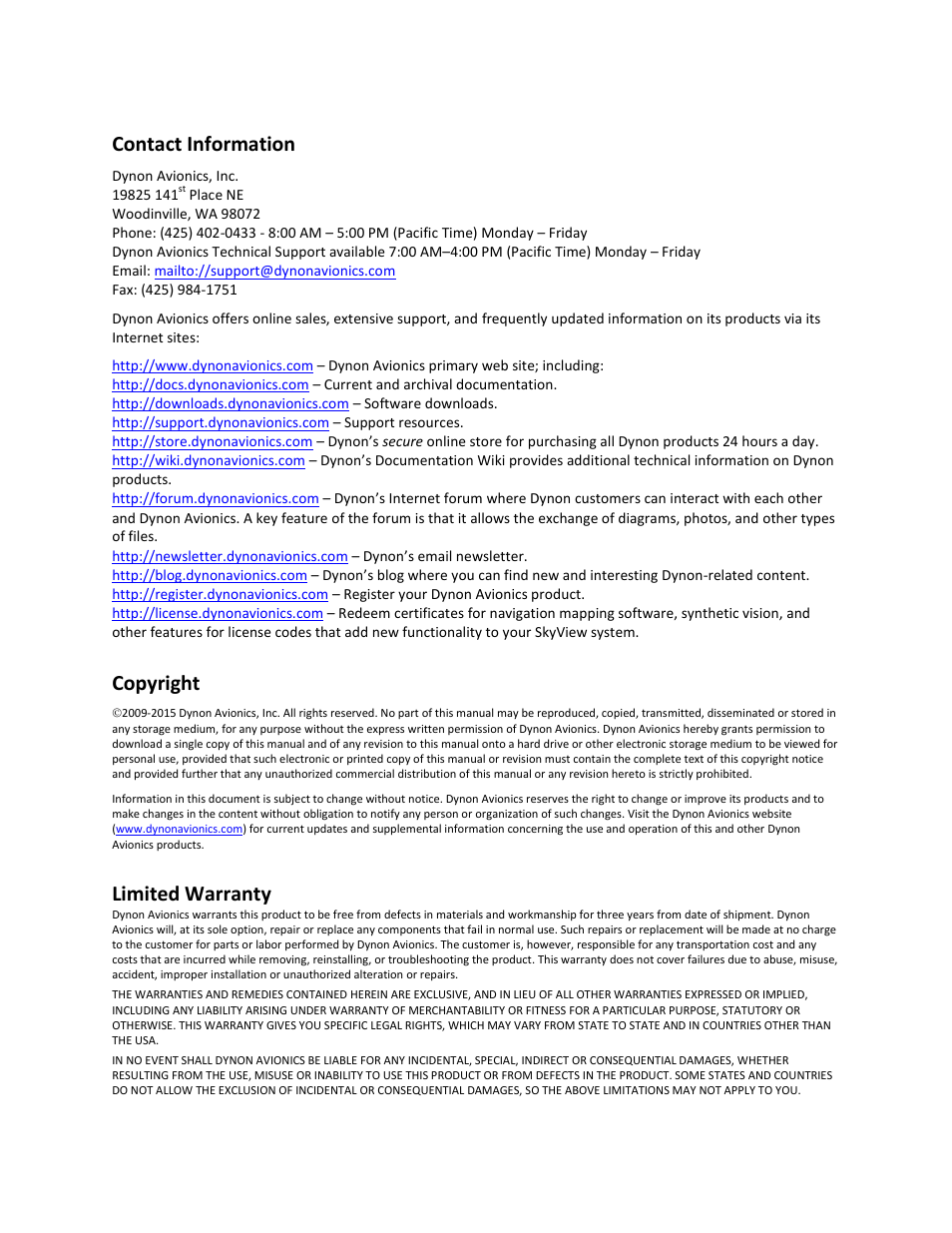 Contact information, Copyright, Limited warranty | Dynon Avionics SkyView System Installation Guide User Manual | Page 3 / 401