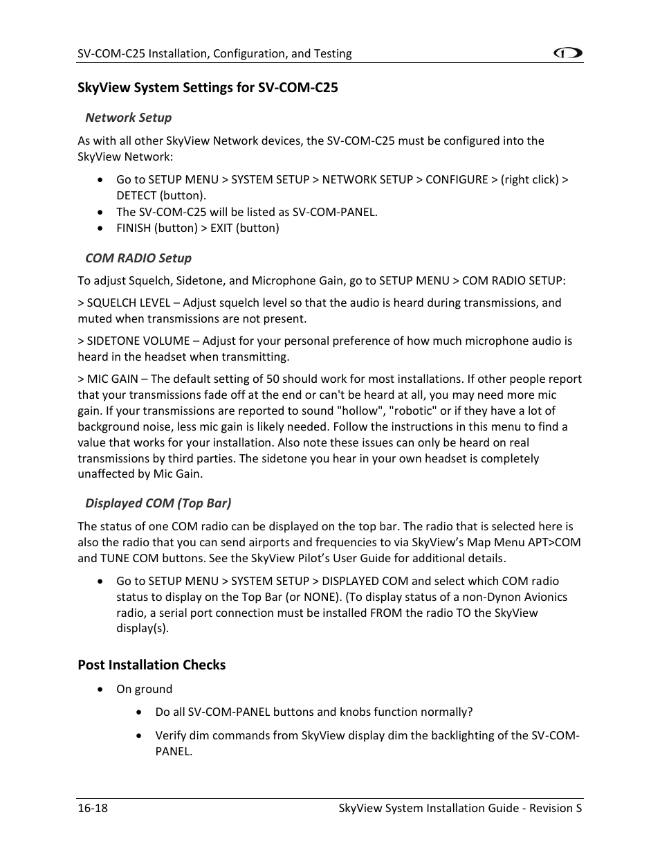 Skyview system settings for sv-com-c25 -18, Post installation checks -18 | Dynon Avionics SkyView System Installation Guide User Manual | Page 300 / 401