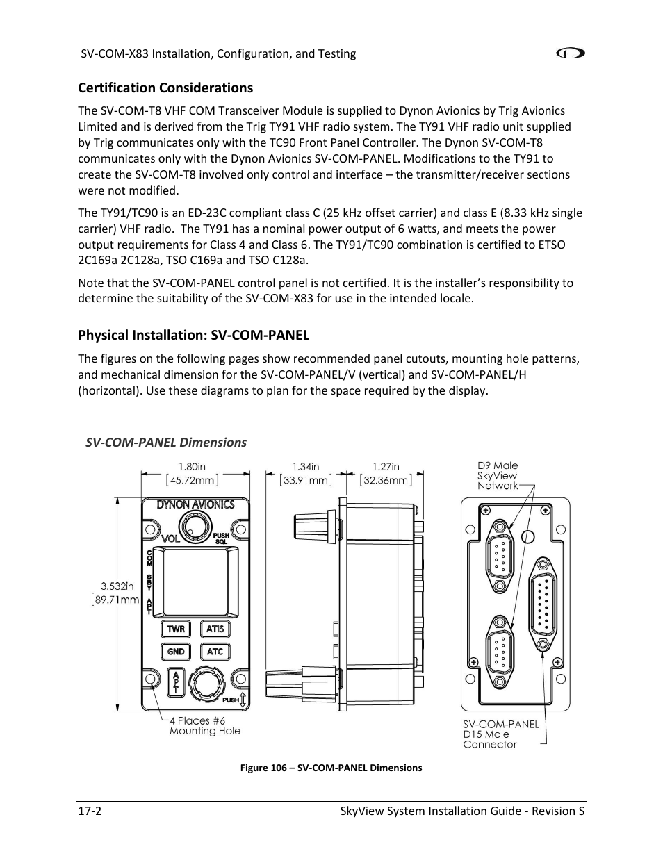 Certification considerations -2, Physical installation: sv-com-panel -2 | Dynon Avionics SkyView System Installation Guide User Manual | Page 304 / 401