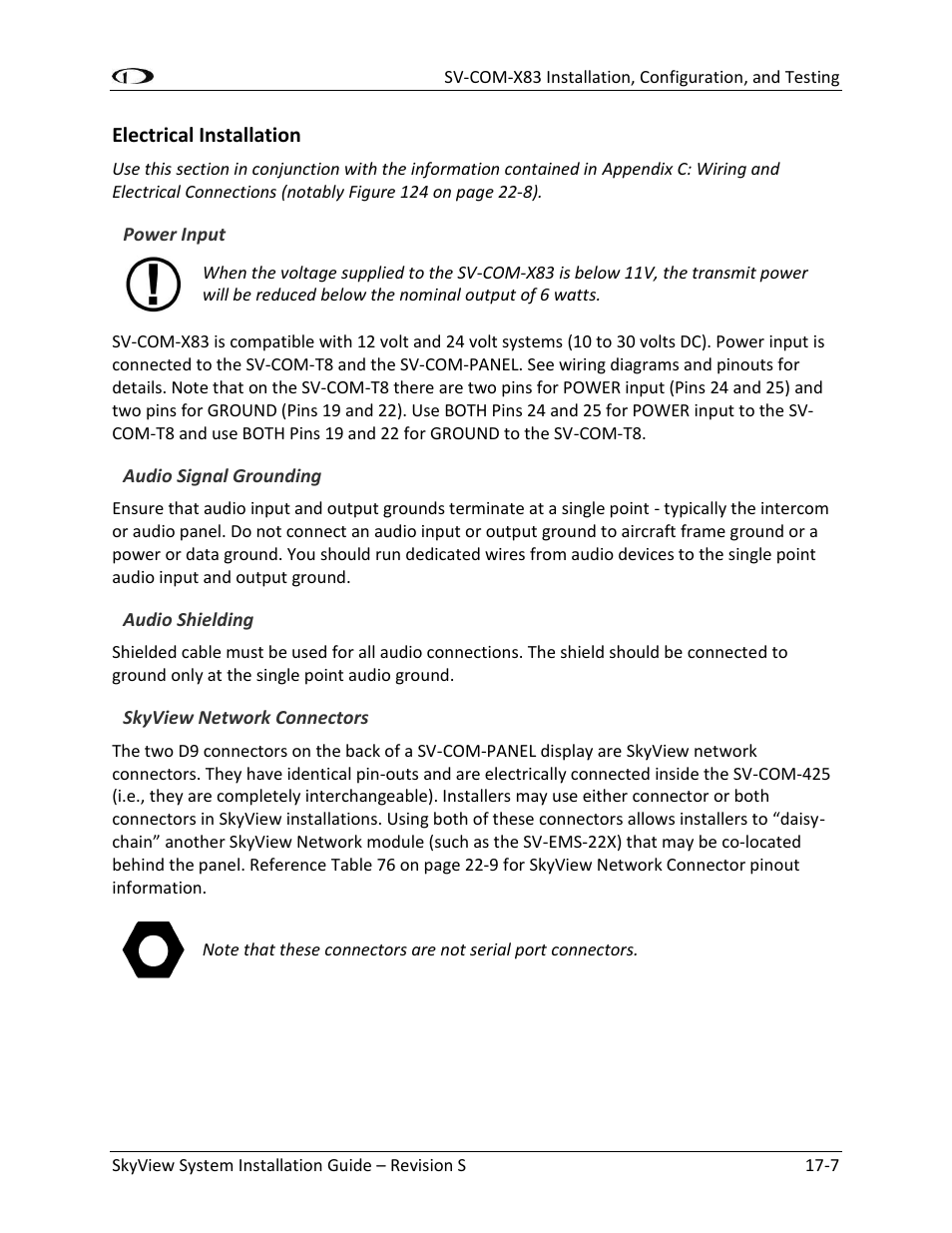 Electrical installation -7, Power input -7, Audio signal grounding -7 | Audio shielding -7, Skyview network connectors -7 | Dynon Avionics SkyView System Installation Guide User Manual | Page 309 / 401