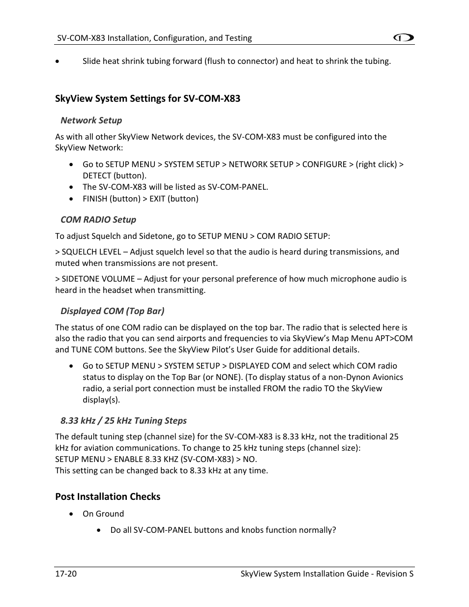 Skyview system settings for sv-com-x83 -20, Post installation checks -20 | Dynon Avionics SkyView System Installation Guide User Manual | Page 322 / 401