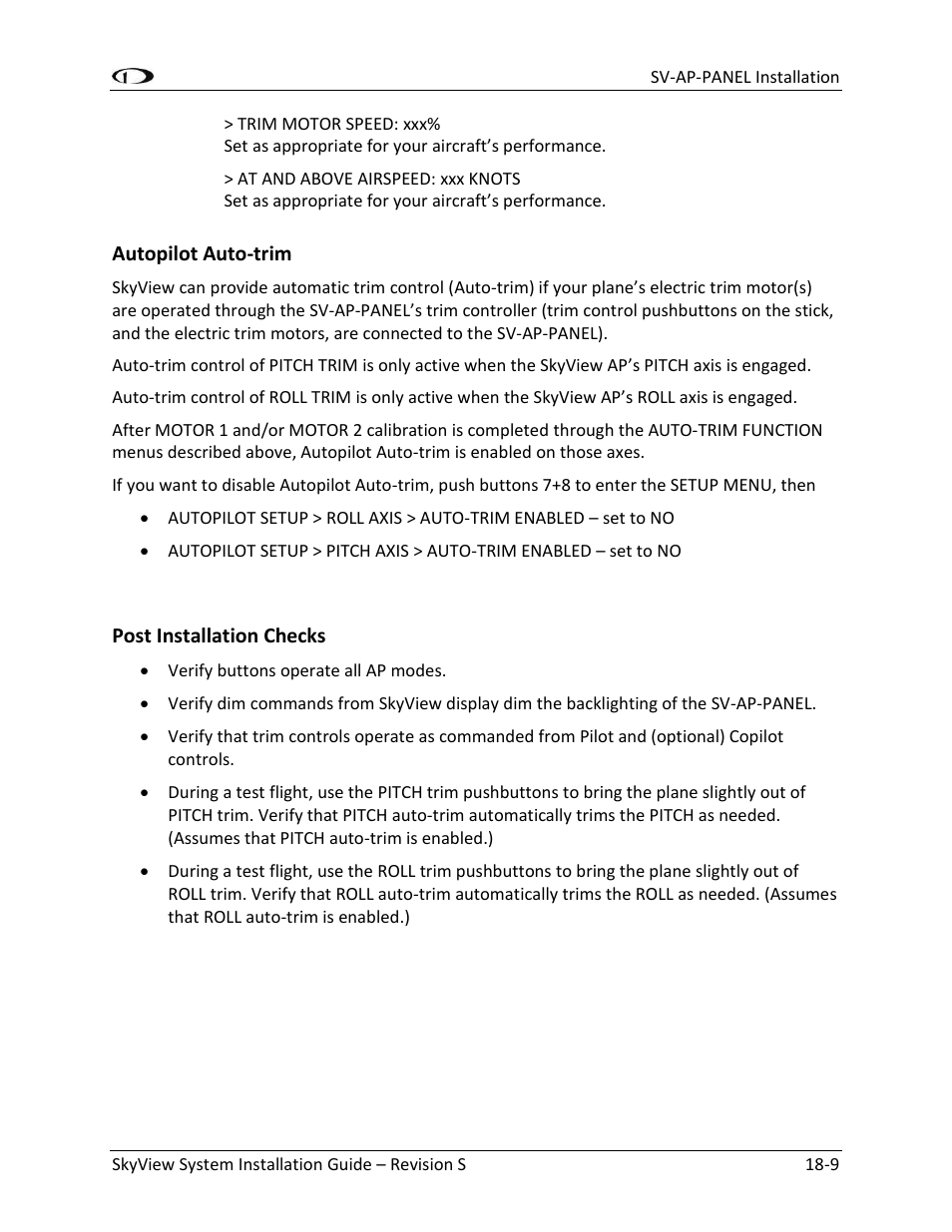 Autopilot auto-trim -9, Post installation checks -9 | Dynon Avionics SkyView System Installation Guide User Manual | Page 333 / 401