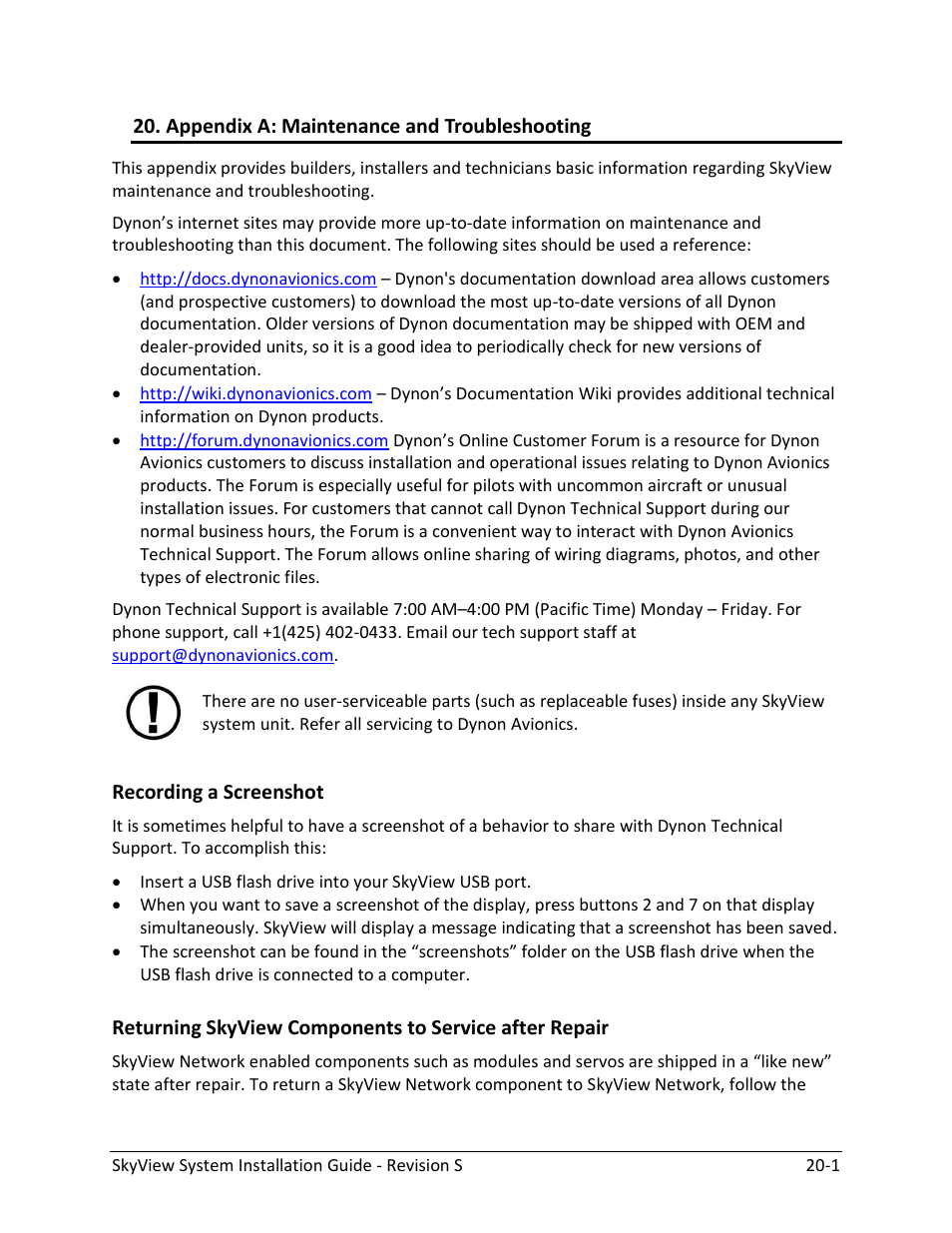 Appendix a: maintenance and troubleshooting, Recording a screenshot -1 | Dynon Avionics SkyView System Installation Guide User Manual | Page 339 / 401