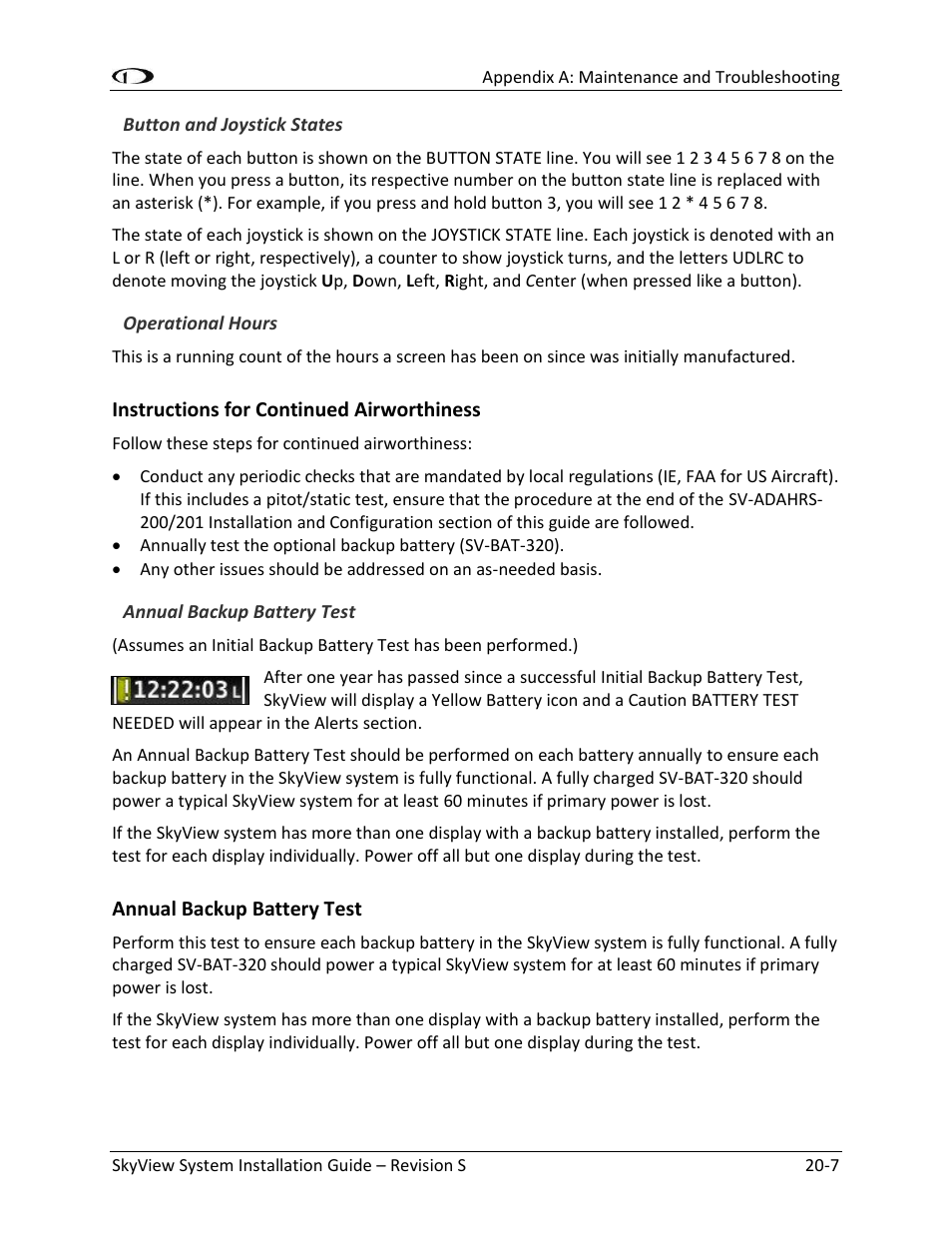 Instructions for continued airworthiness -7, Annual backup battery test -7 | Dynon Avionics SkyView System Installation Guide User Manual | Page 345 / 401