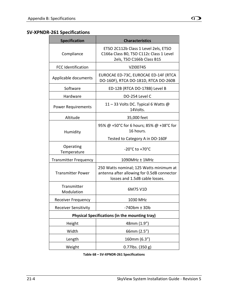 Sv-xpndr-261 specifications -4 | Dynon Avionics SkyView System Installation Guide User Manual | Page 354 / 401