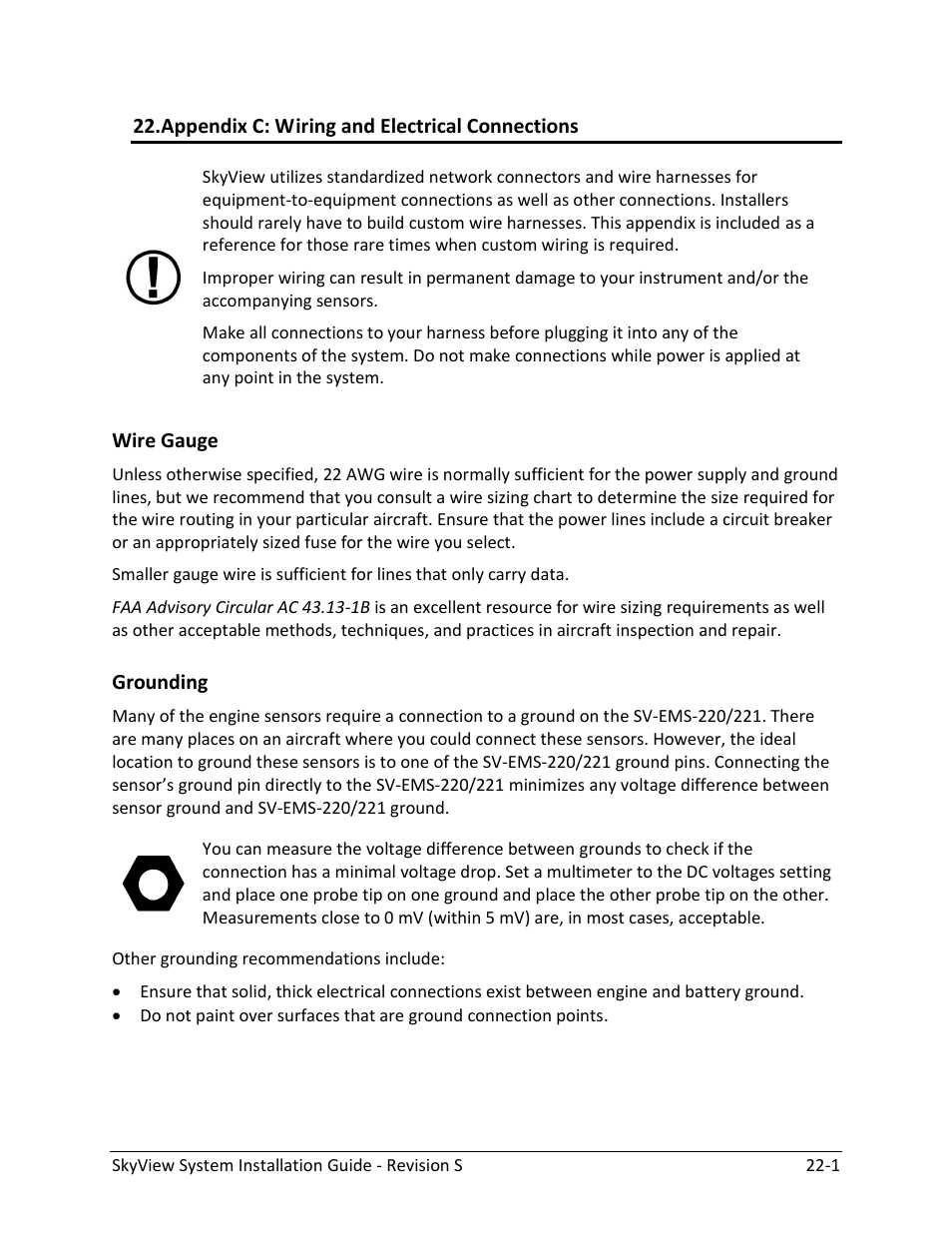 Appendix c: wiring and electrical connections, Wire gauge -1, Grounding -1 | O appendix c: wiring and electrical connections | Dynon Avionics SkyView System Installation Guide User Manual | Page 359 / 401