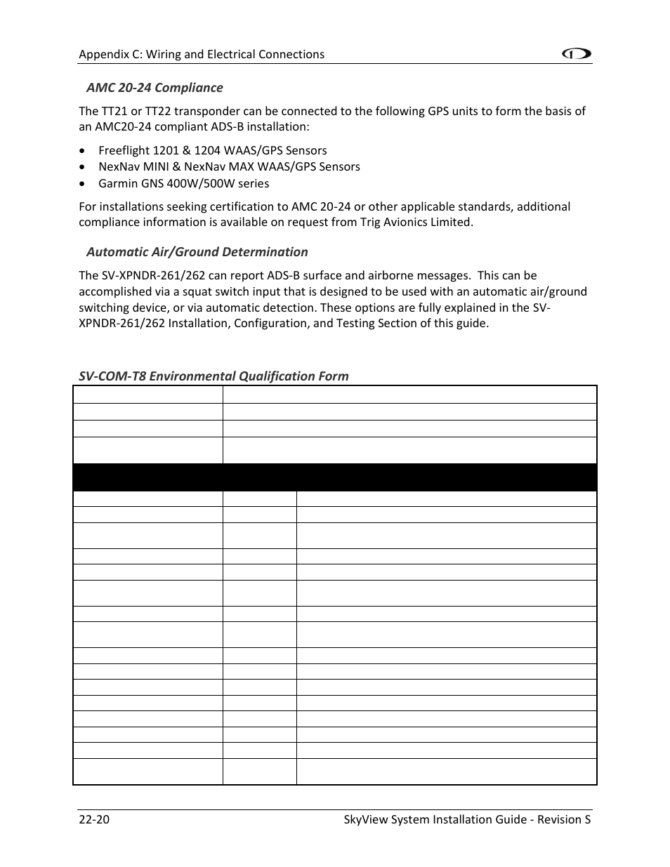 Amc 20-24 compliance, Automatic air/ground determination, Sv-com-t8 environmental qualification form | Dynon Avionics SkyView System Installation Guide User Manual | Page 378 / 401