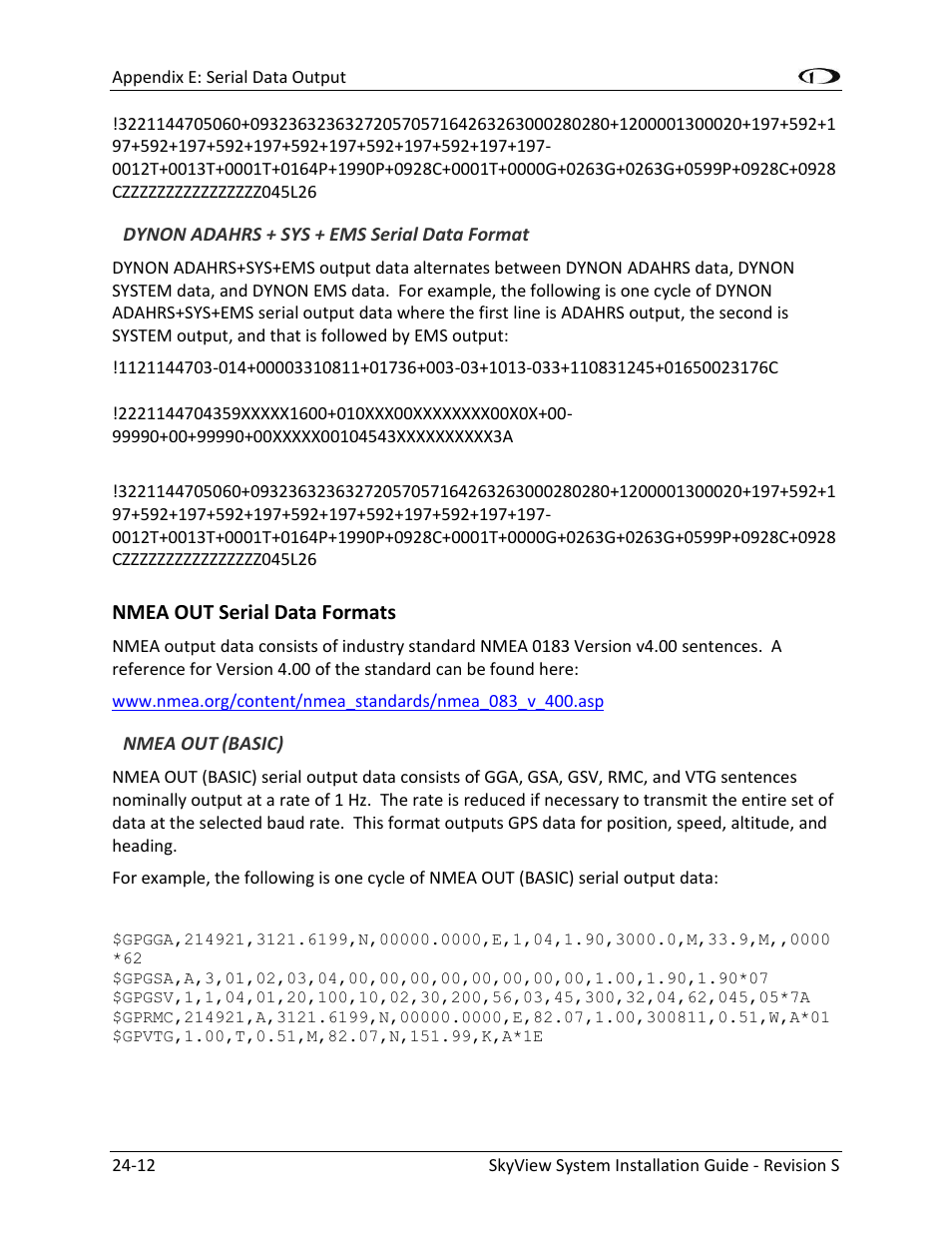 Nmea out serial data formats -12 | Dynon Avionics SkyView System Installation Guide User Manual | Page 394 / 401