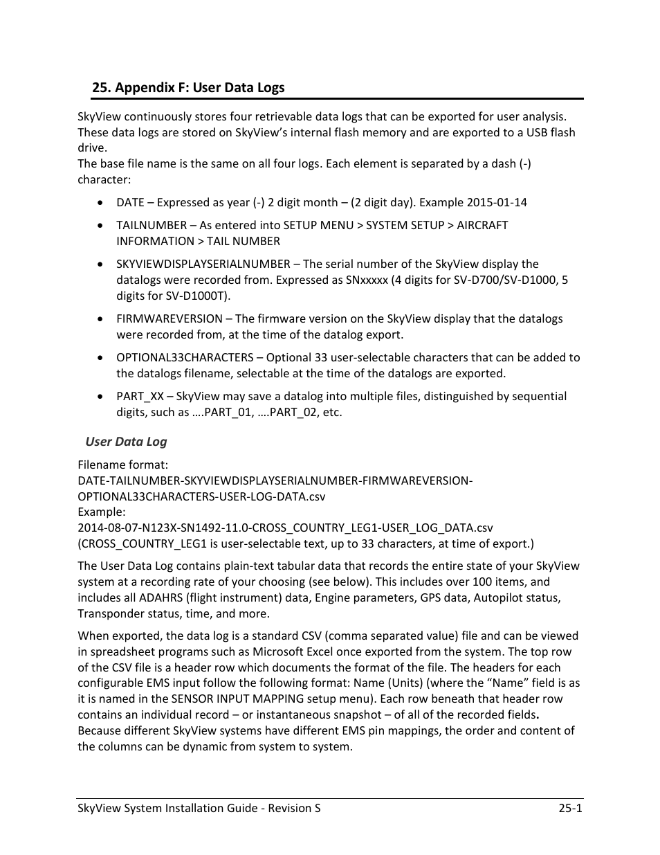 Appendix f: user data logs, User data log -1 | Dynon Avionics SkyView System Installation Guide User Manual | Page 397 / 401