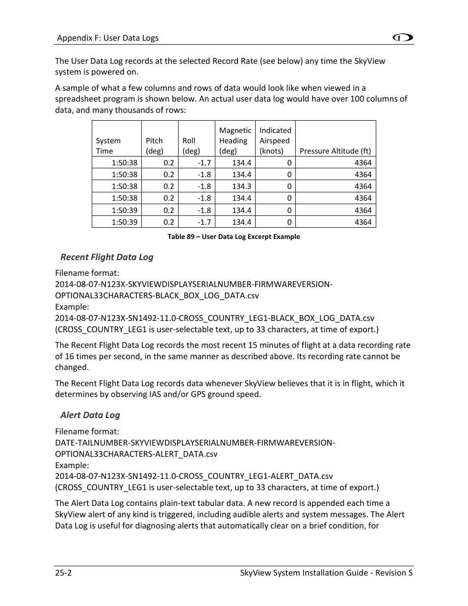 Recent flight data log -2, Alert data log -2 | Dynon Avionics SkyView System Installation Guide User Manual | Page 398 / 401