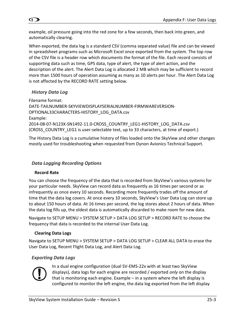 History data log -3, Data logging recording options -3, Exporting data logs -3 | Dynon Avionics SkyView System Installation Guide User Manual | Page 399 / 401