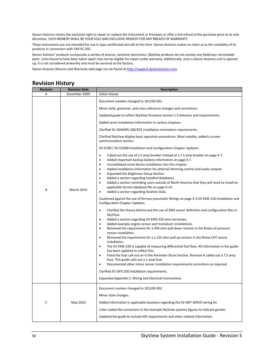 Revision history, Iv skyview system installation guide - revision s | Dynon Avionics SkyView System Installation Guide User Manual | Page 4 / 401