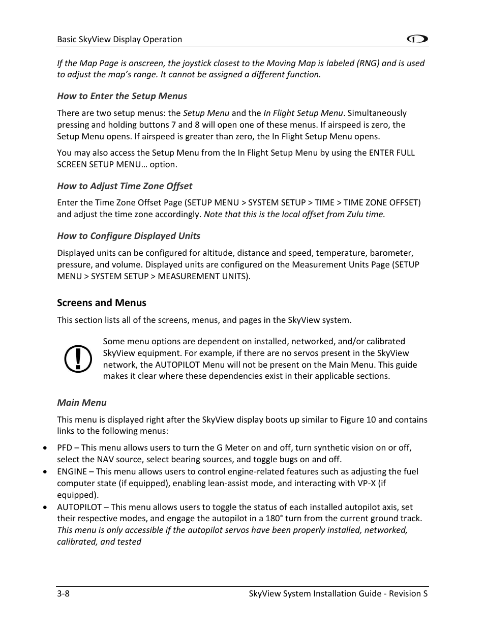 Screens and menus -8, Main menu -8 | Dynon Avionics SkyView System Installation Guide User Manual | Page 52 / 401