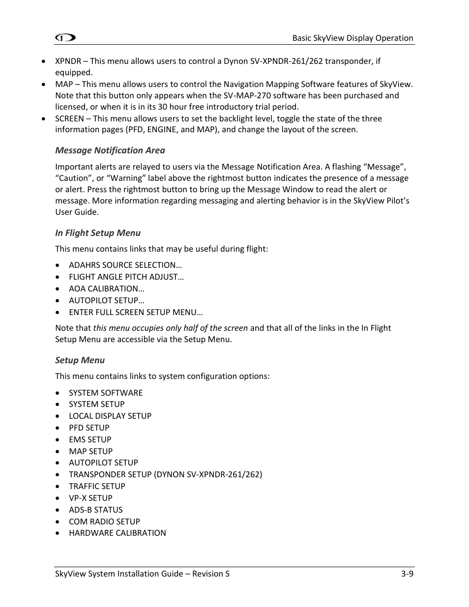 Message notification area -9, In flight setup menu -9, Setup menu -9 | Dynon Avionics SkyView System Installation Guide User Manual | Page 53 / 401