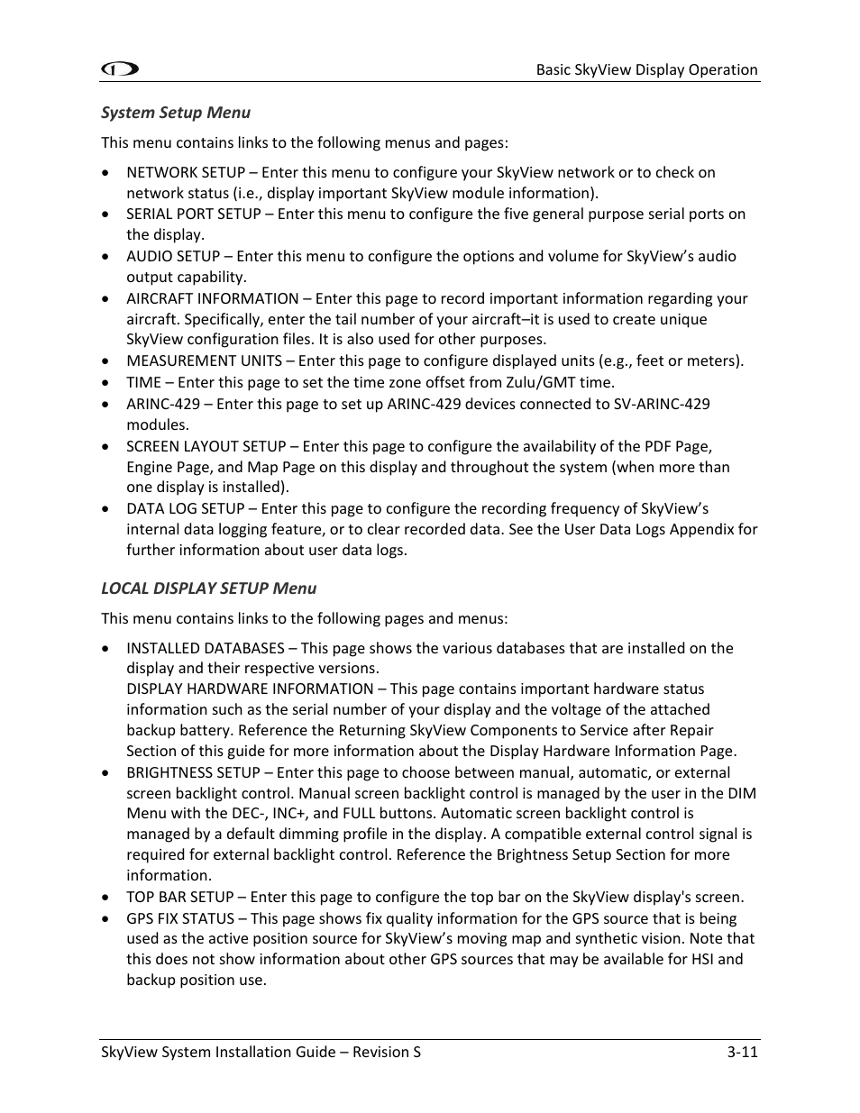 System setup menu -11, Local display setup menu -11 | Dynon Avionics SkyView System Installation Guide User Manual | Page 55 / 401